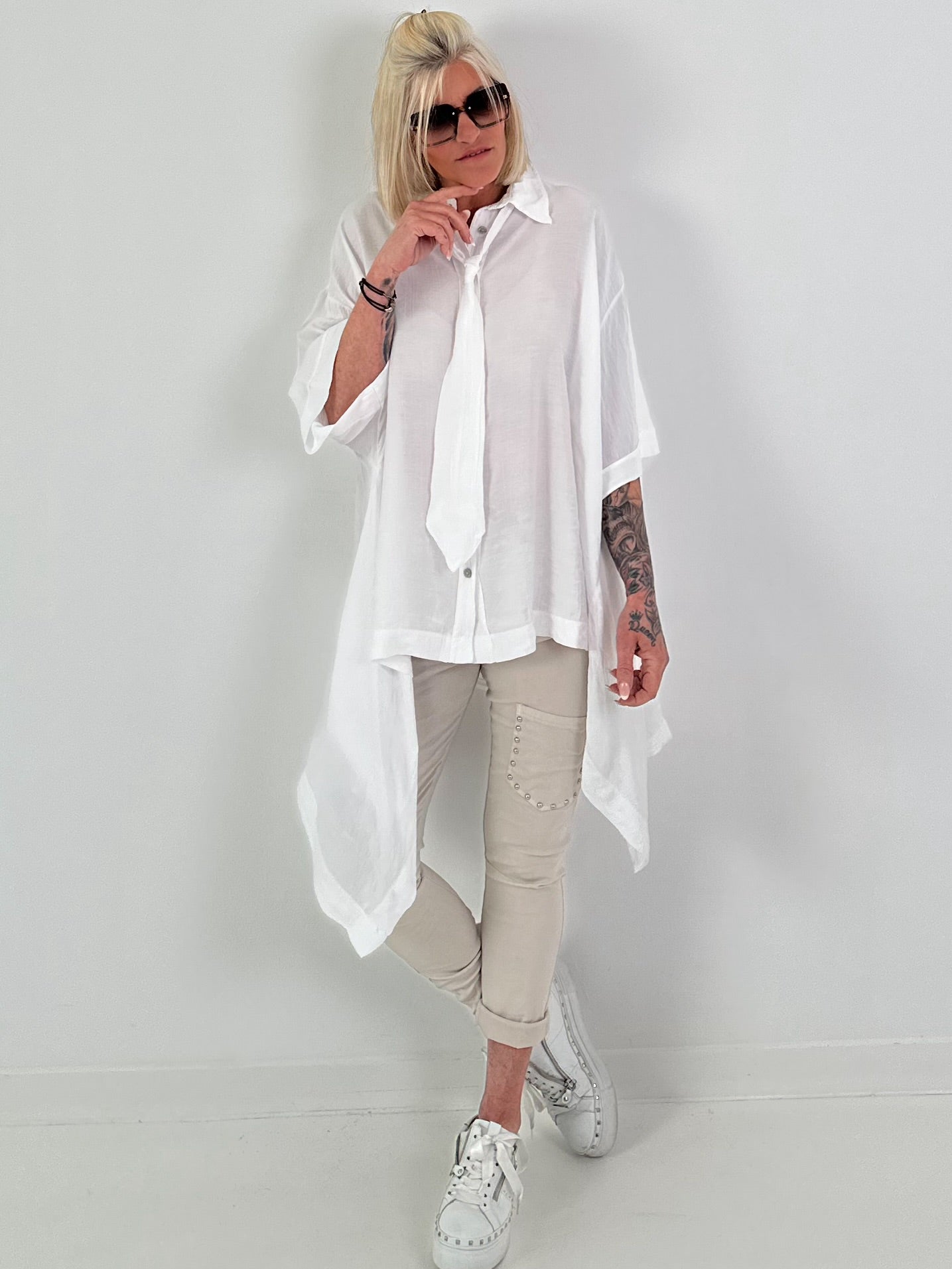 Oversized asymmetrical blouse with tie - white