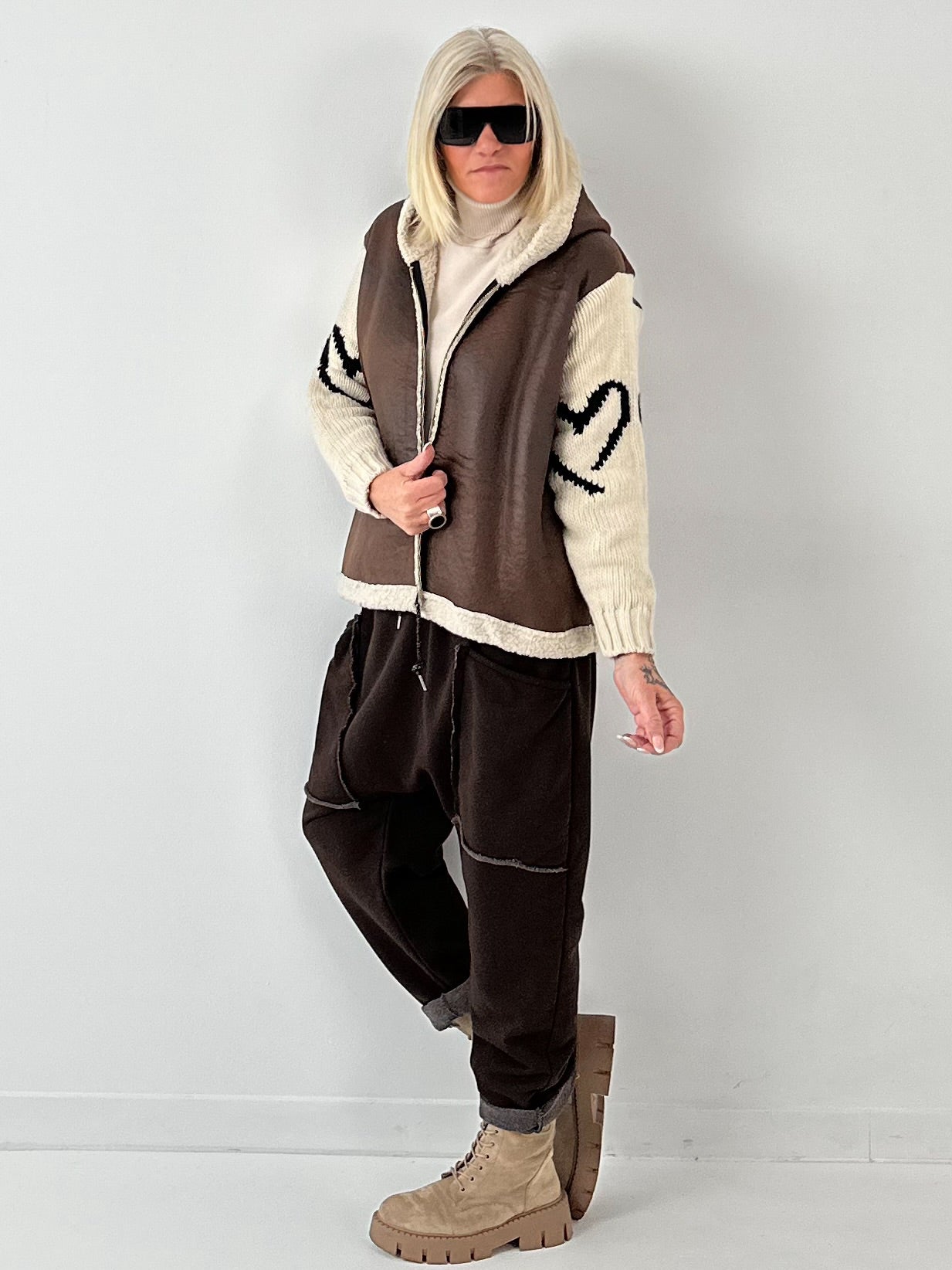 Lamb nappa imitation jacket with knitted sleeves model "Jana" - mocha