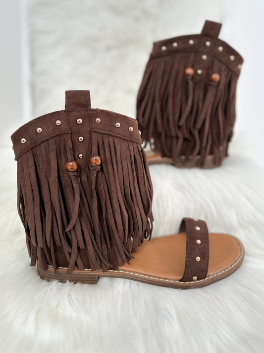 Boho Sandals with Fringes - dark brown