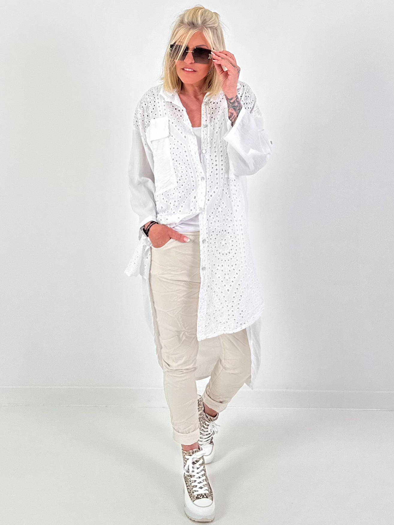 Long linen blouse with eyelet embroidery - white