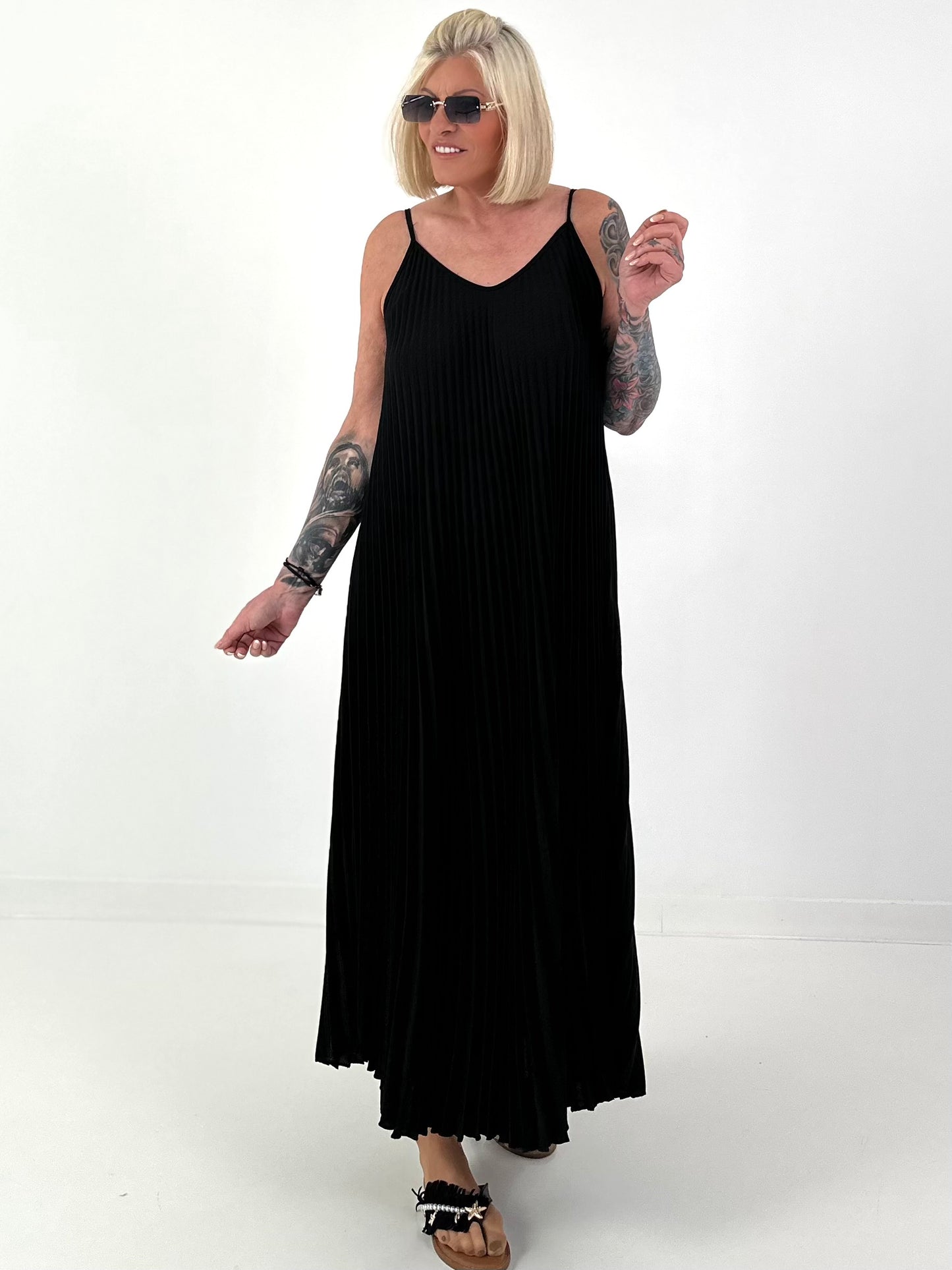 Pleated Dress with Spaghetti Straps - Black