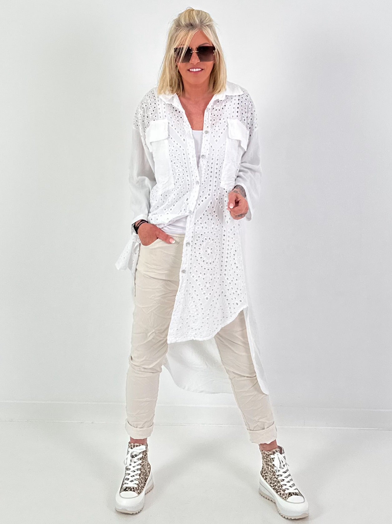 Long linen blouse with eyelet embroidery - white
