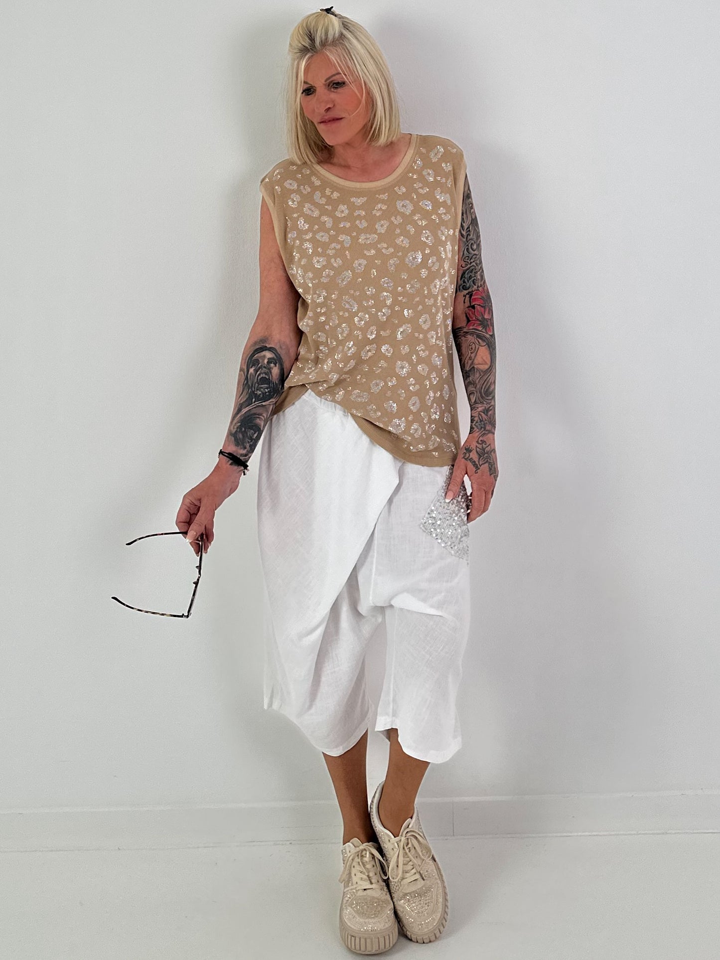 Ripp Top mit Glitzer Leo - camel