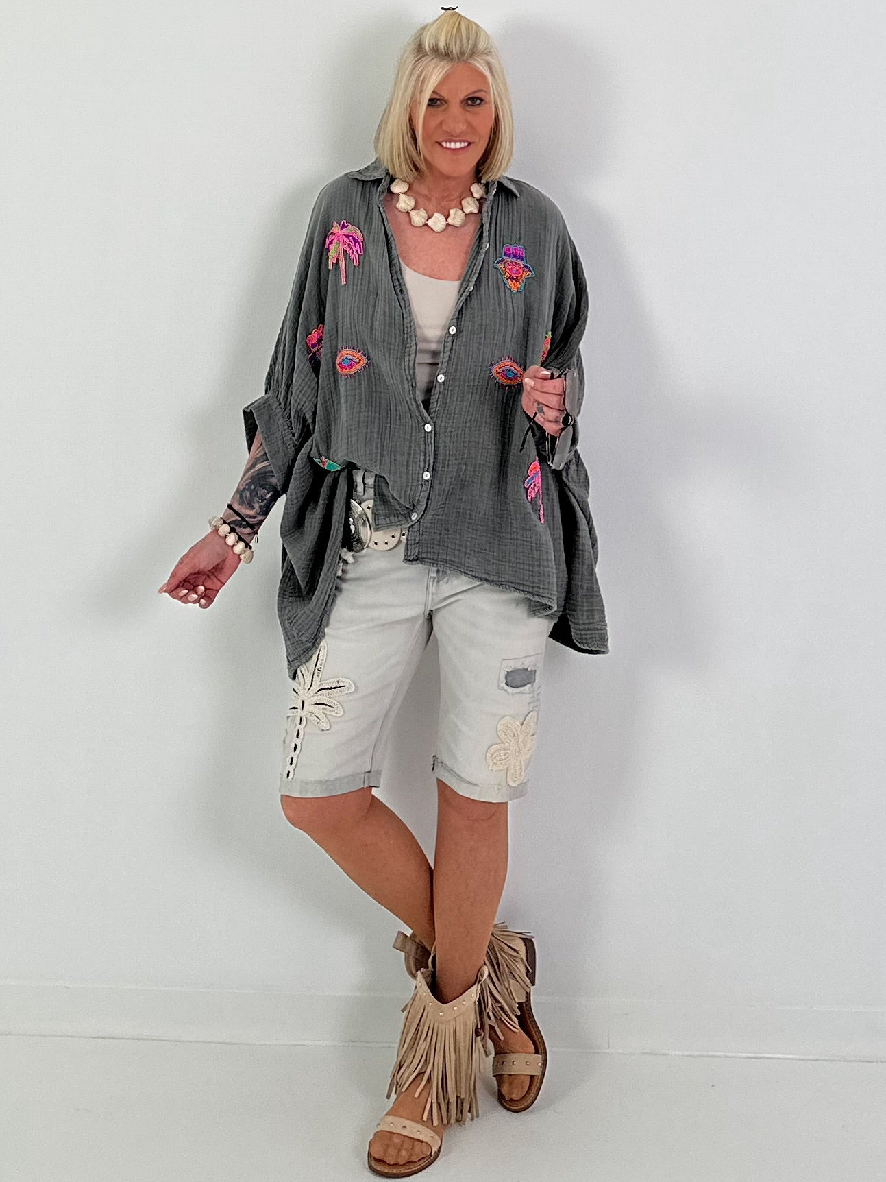 Oversized Muslin Blouse with Colorful Bead Embroidery - Anthracite
