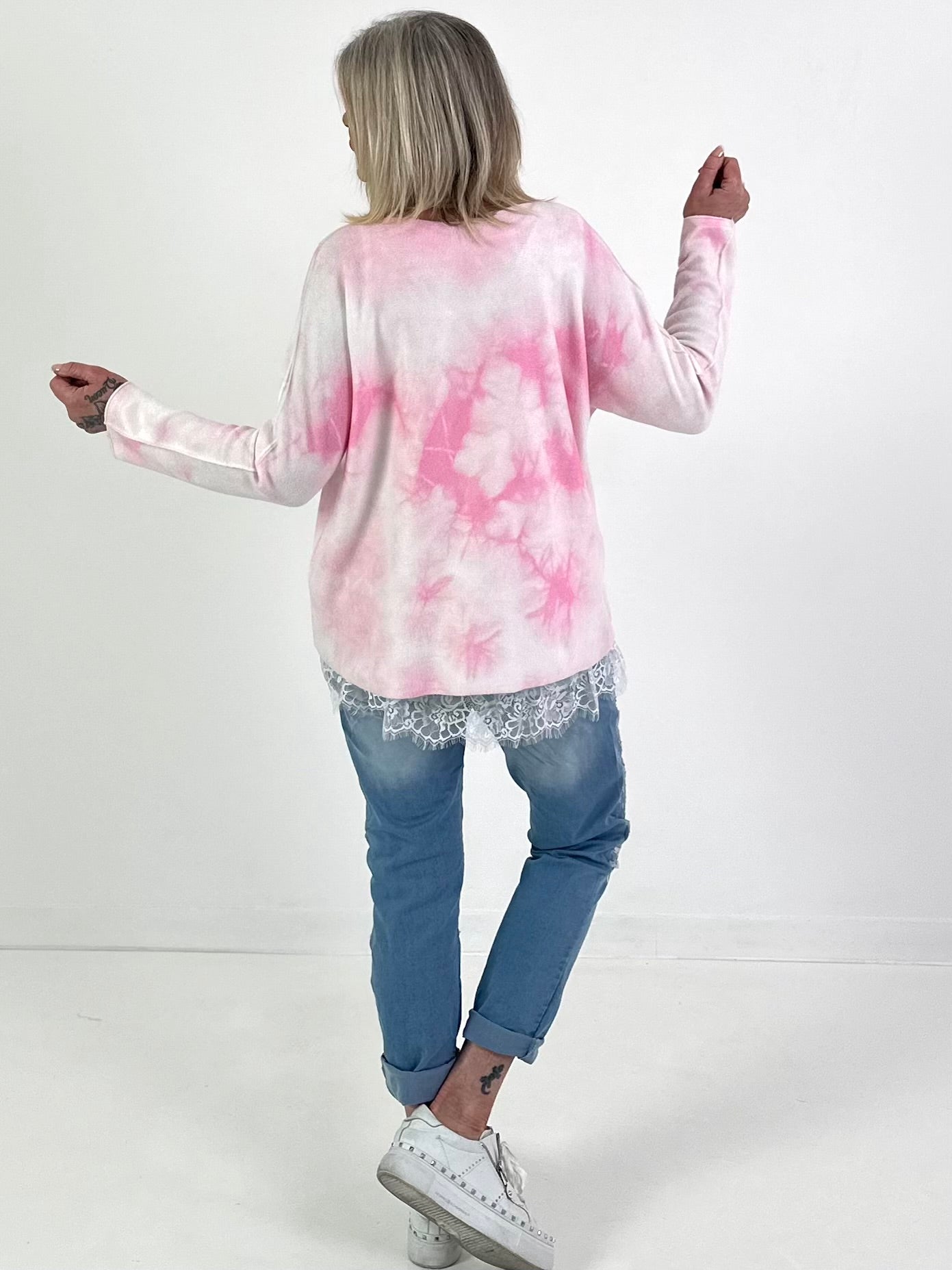 Pullover Batikmuster - weiss-rosa