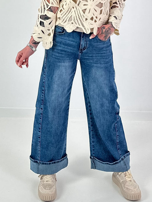 Wide-Leg Jeans mit Umschlag - denim