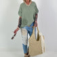 Linen shirt with appliqué crochet flowers - khaki
