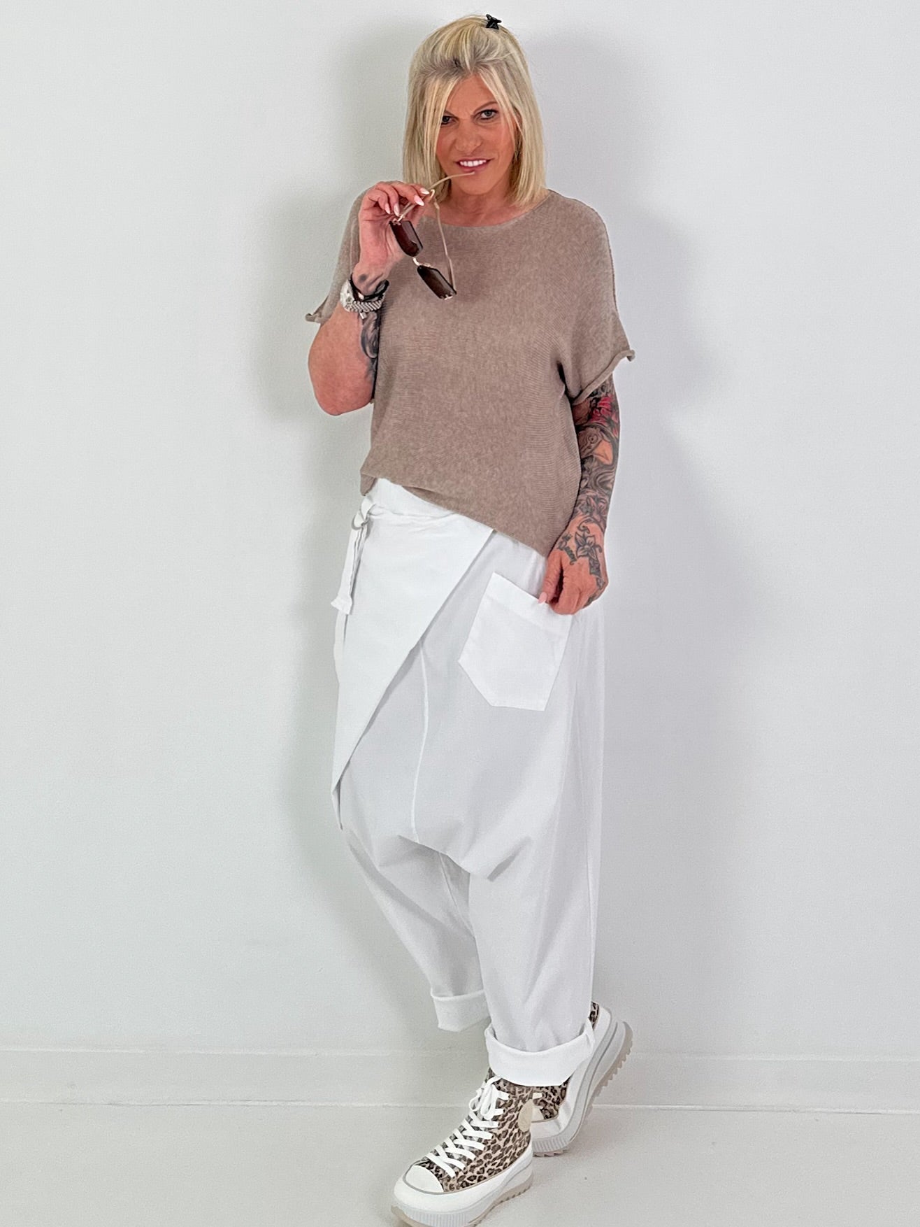Sommerstrick Pullover mit kurzen Arm - taupe