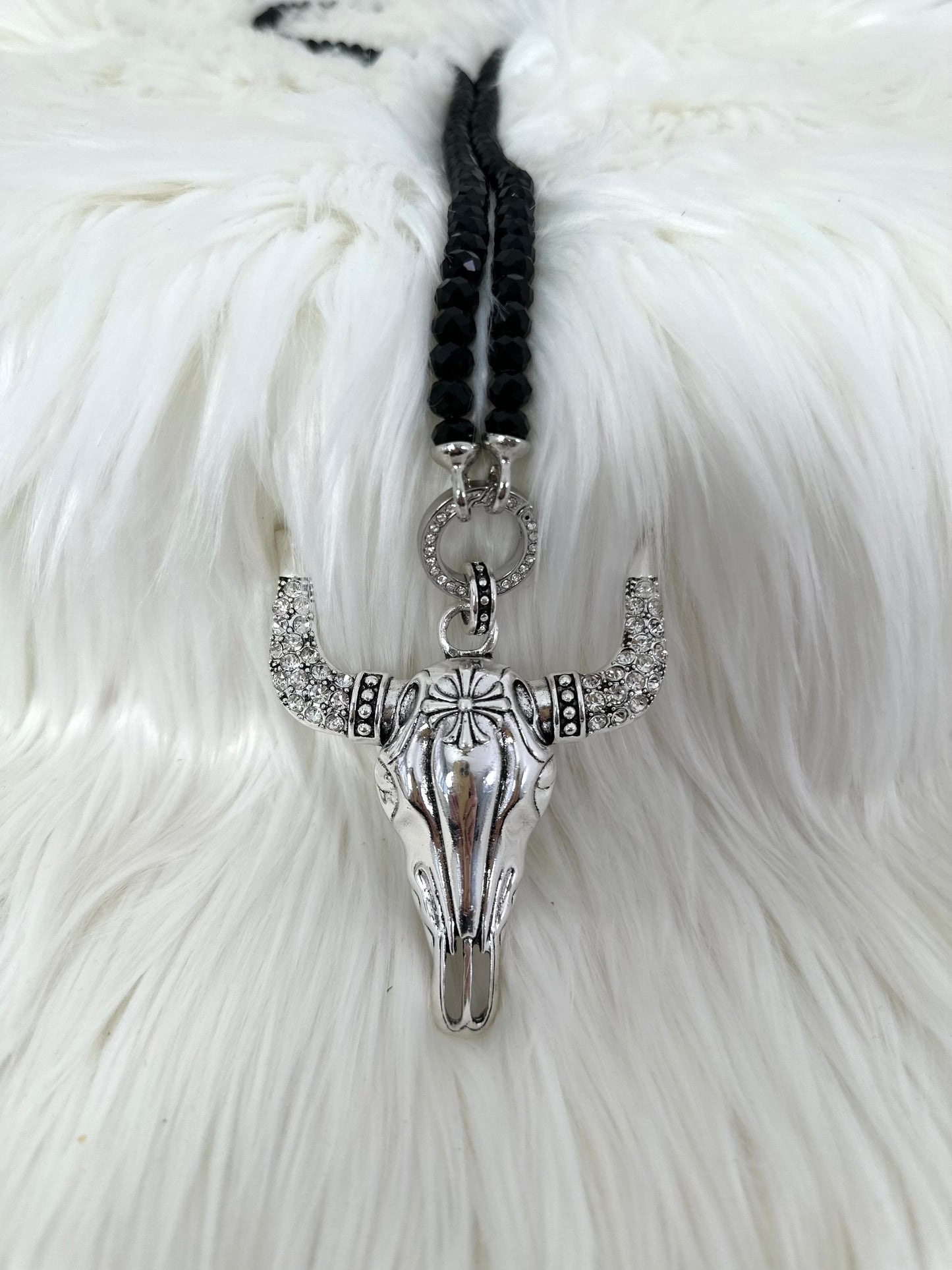 Necklace with Bull Pendant - Black-Silver