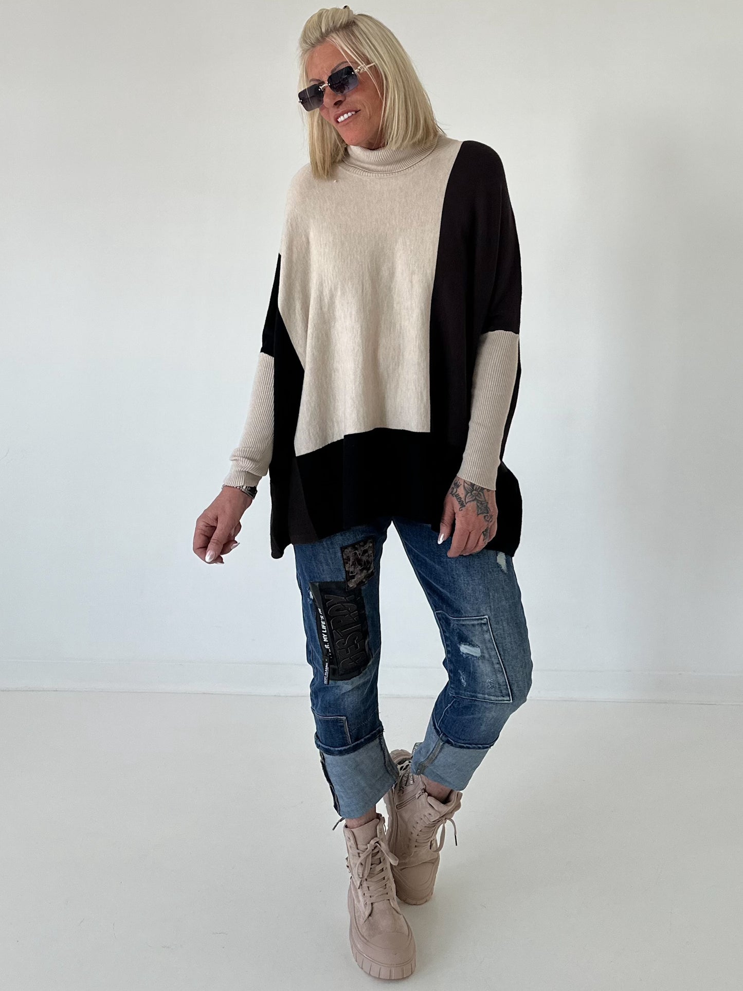 Oversized Feinstrickpullover mit Stulpenärmeln - beige-mokka-schwarz