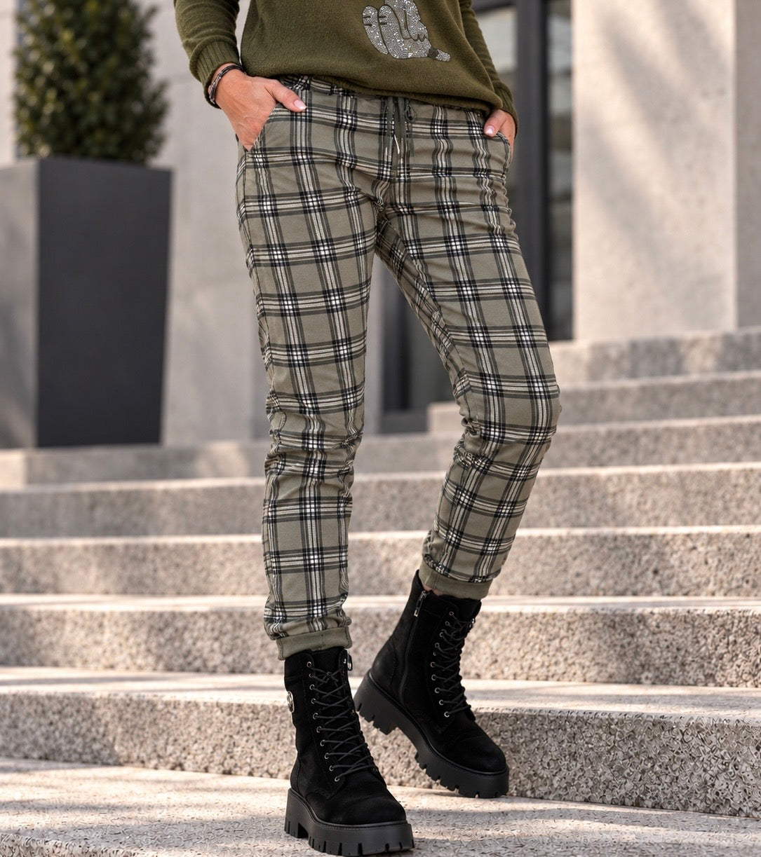Hose im Karo-Look - oliv-mehrfarbig