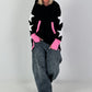 Casual long hoodie with thumbhole and trendy star elements - black