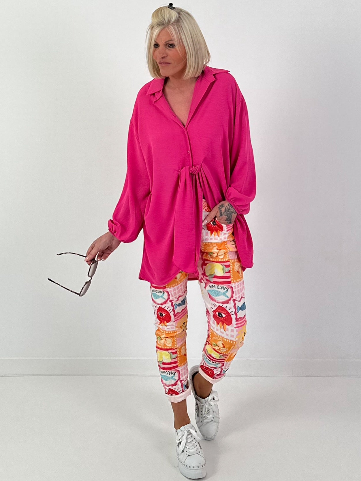 Lange blouse met strikband - roze