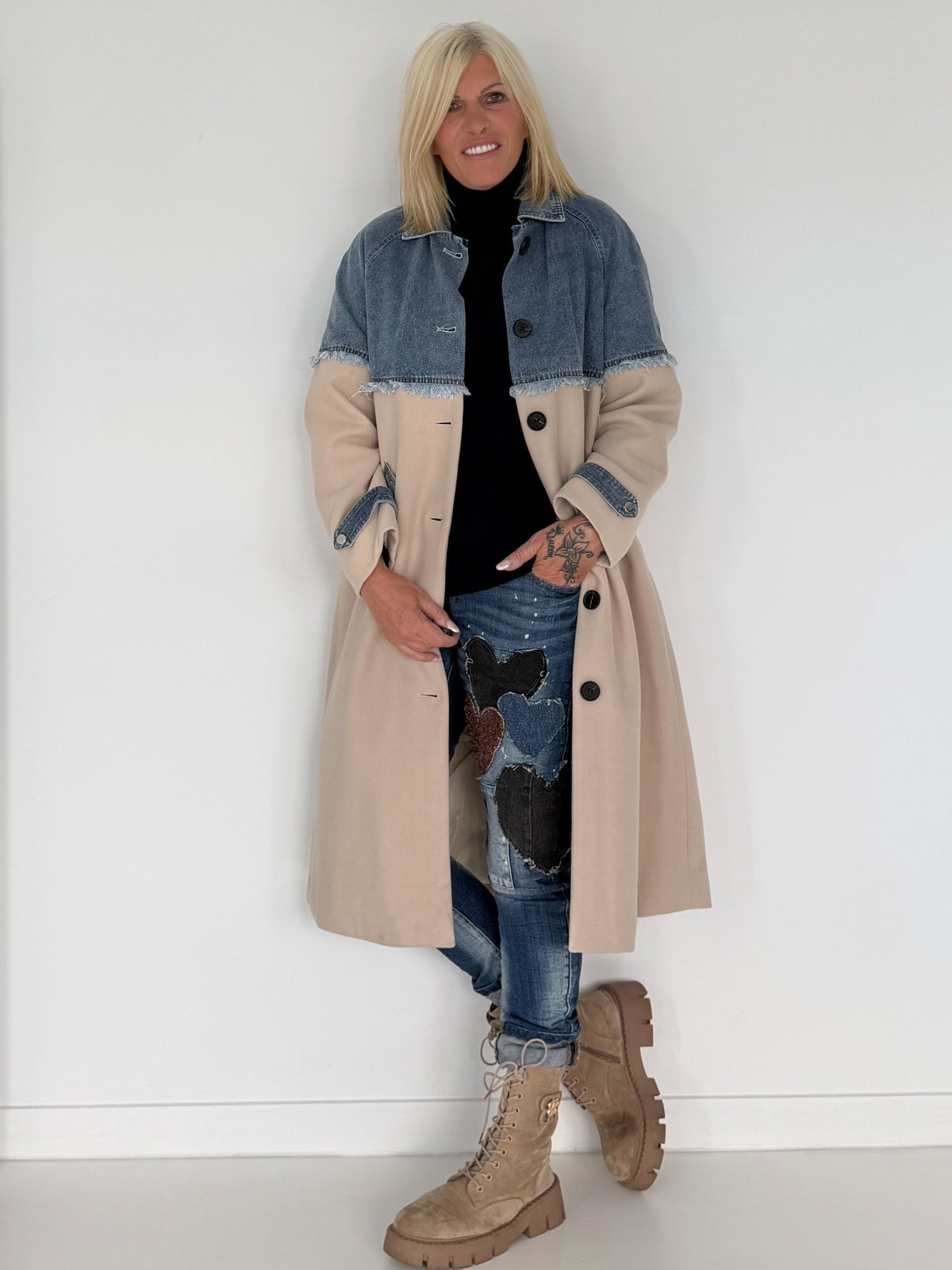 Mantel mit Denim-Einsätzen - denim-beige