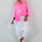Bluse mit Cold Shoulder und fransigen Abschlüssen - neonpink
