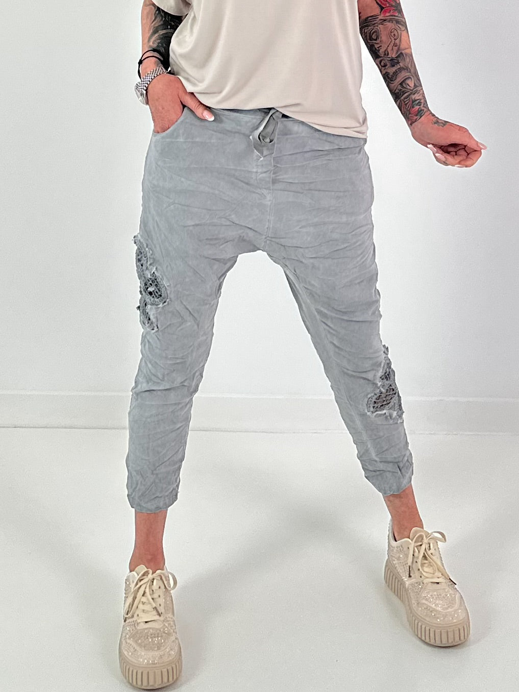 Baggy/Boyfriend Trousers with Crocheted Side Flowers - Grey