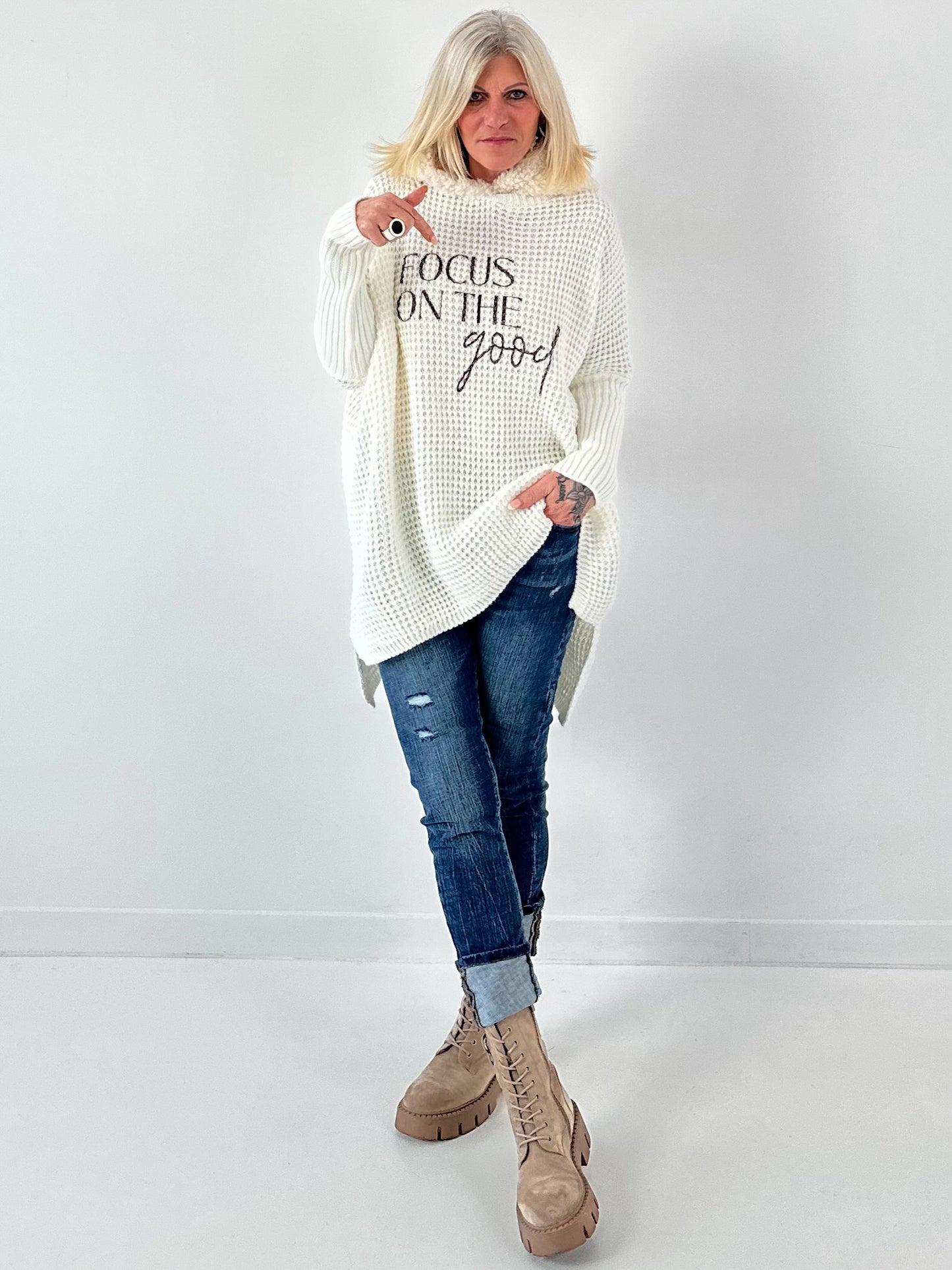 Pullover mit Teddy Kapuze Modell "Good Focus" - ecru