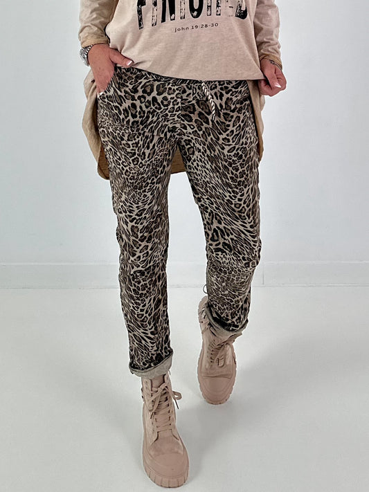 Hose mit elastischem Bund und Leo-Print - leo-taupe