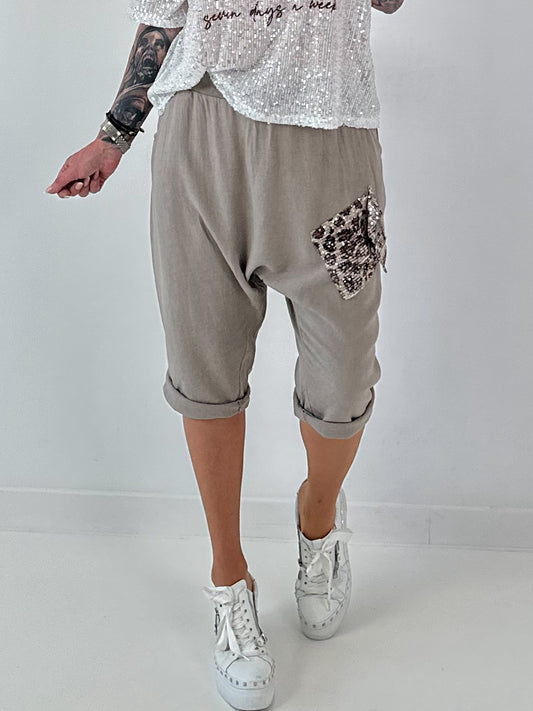 Short linen baggy dress with overlay and sequin details - khaki
