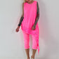 Asymmetrisches Long Top mit Ösen und Jeansdetail - neonpink