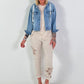 Trousers with crocheted flower inserts - beige