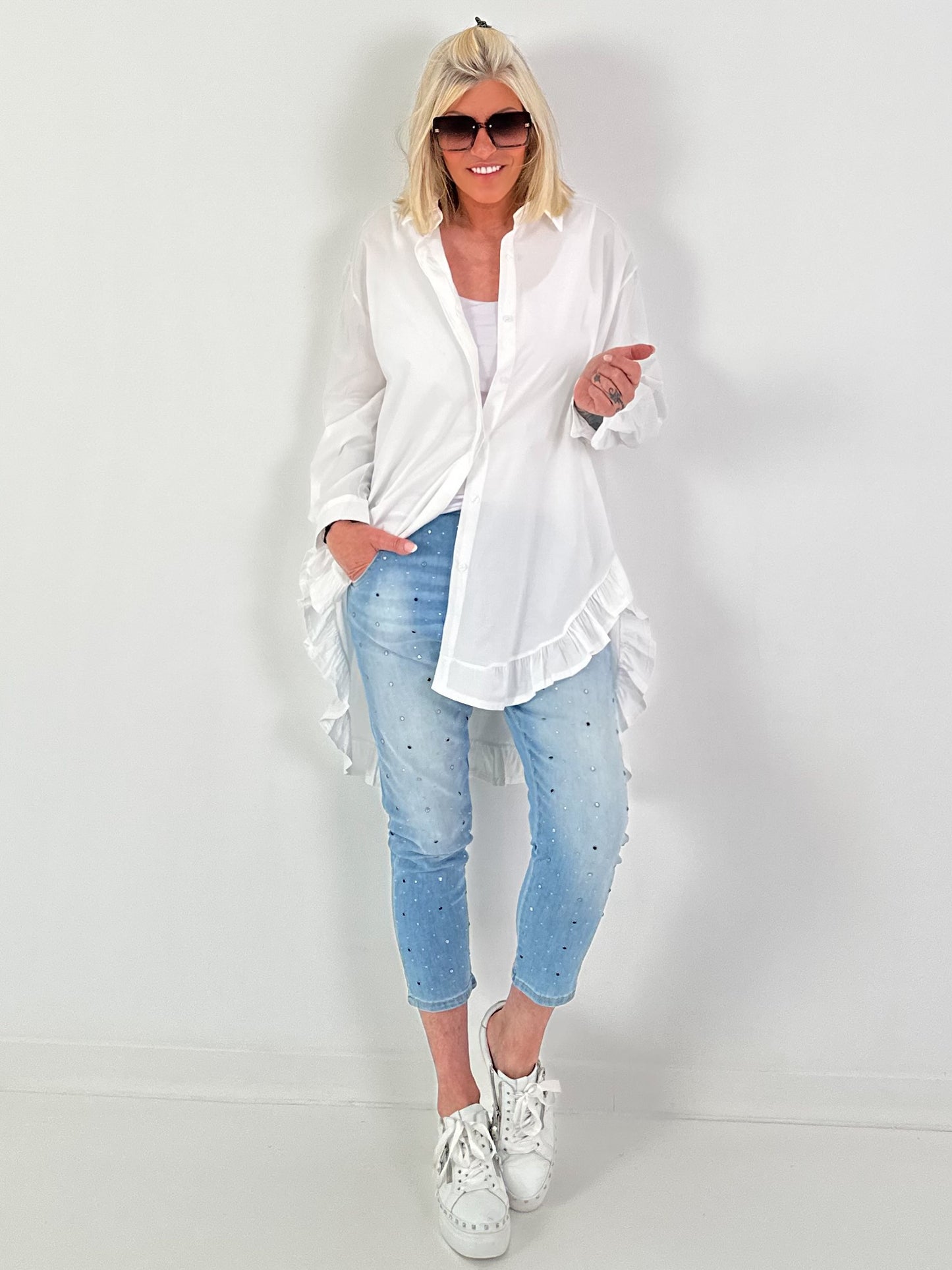Oversized frilled shirt blouse - white