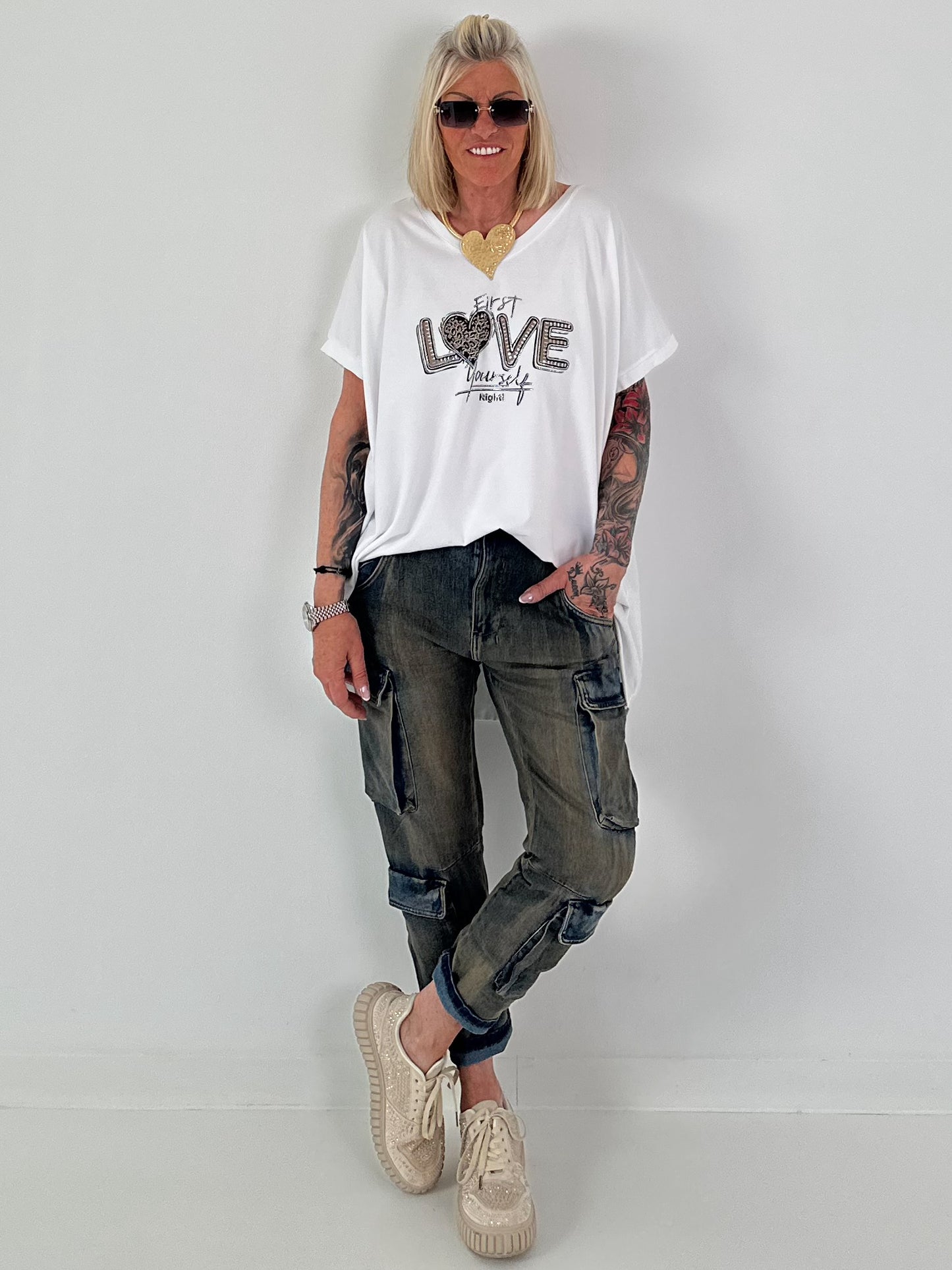 T-Shirt mit Strassdetail - weiss