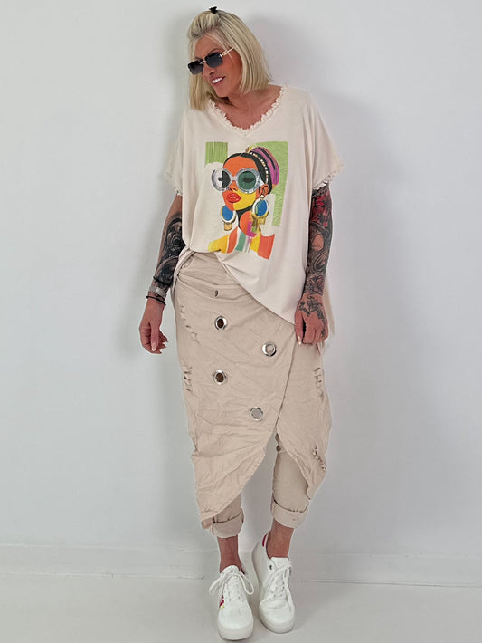 Oversized Shirt with Front Print - beige