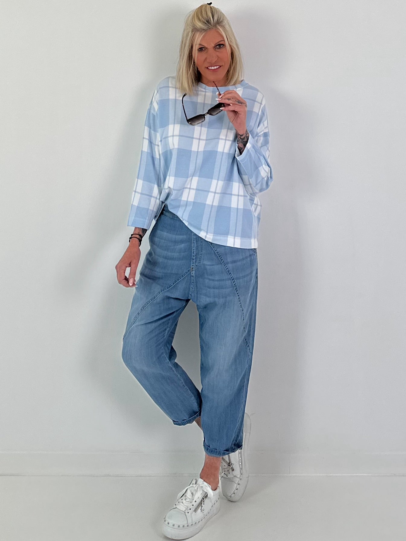 Sweater met ruitpatroon - lichtblauw-wit