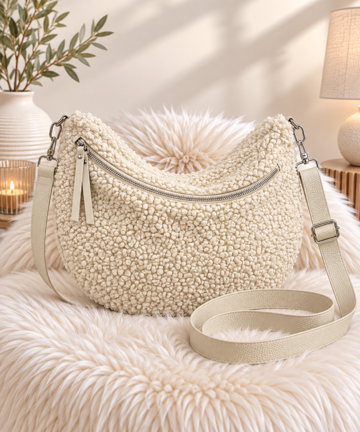 XXL crossbodytas in teddykrul-look - beige
