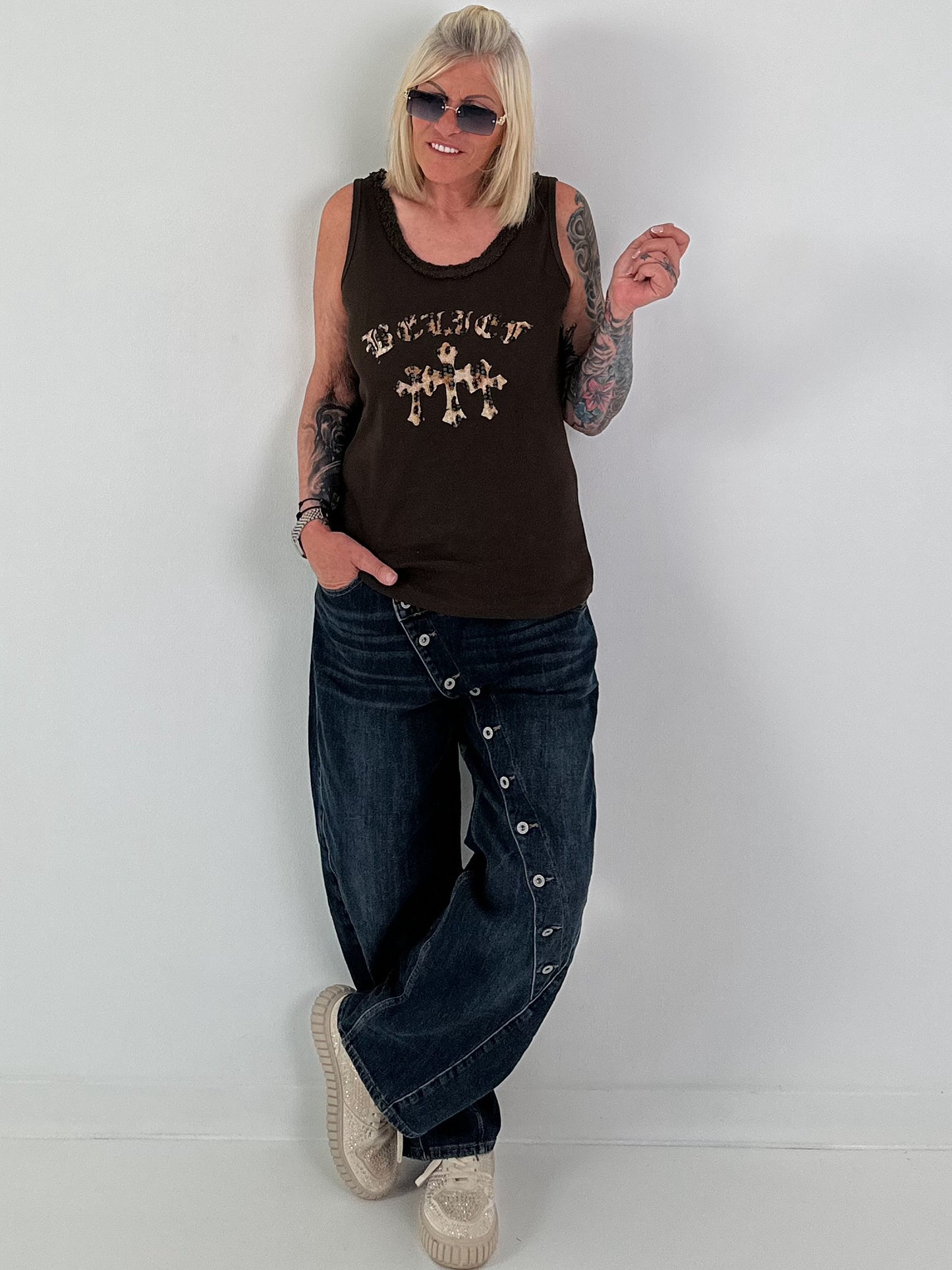 Ripp Tank Top mit Print  - mokka