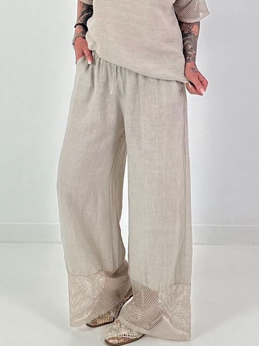 Leinen Hose mit weitem Bein - beige