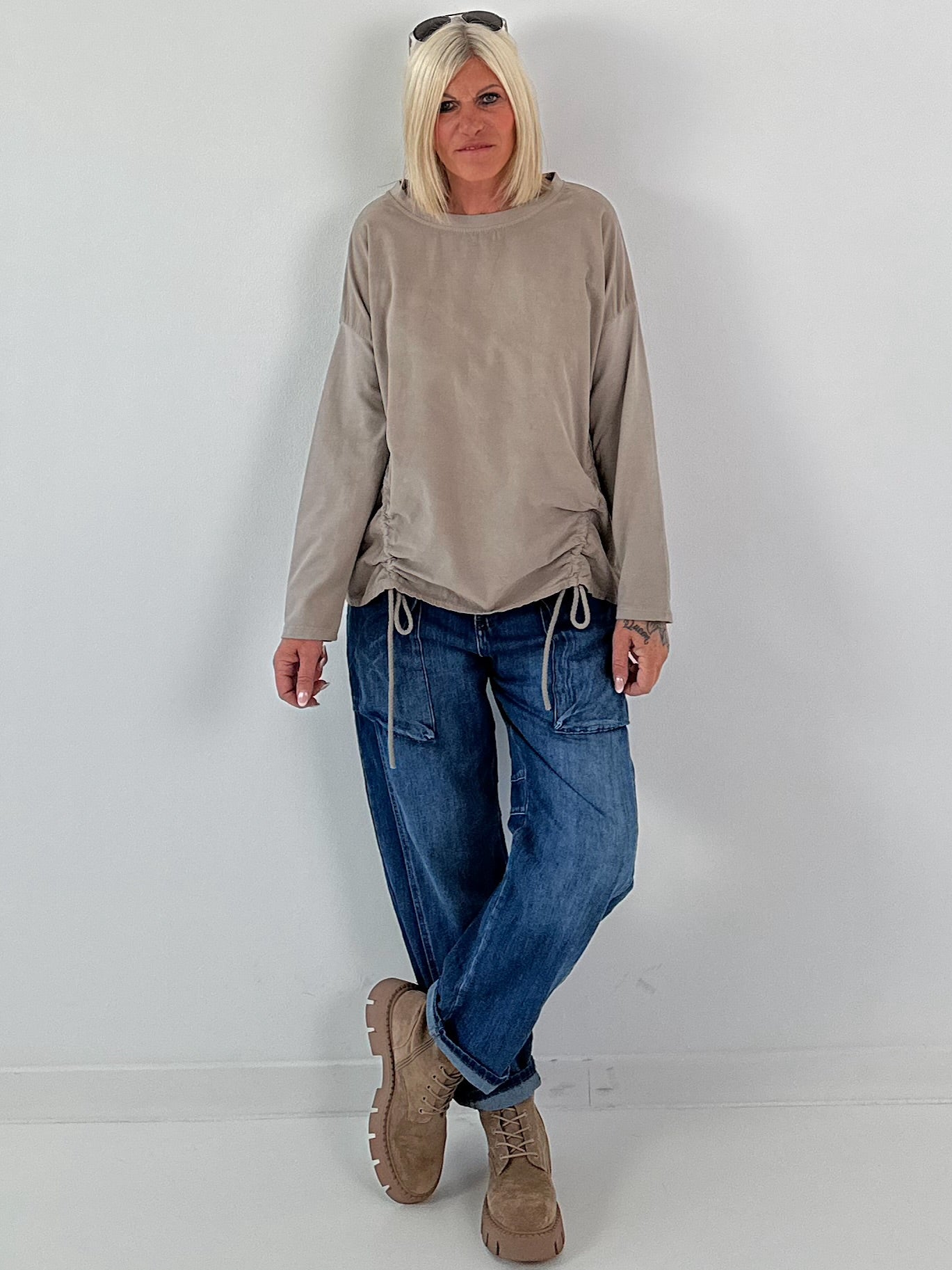 Feinkord Shirt mit Sweati Armen und Rücken - taupe