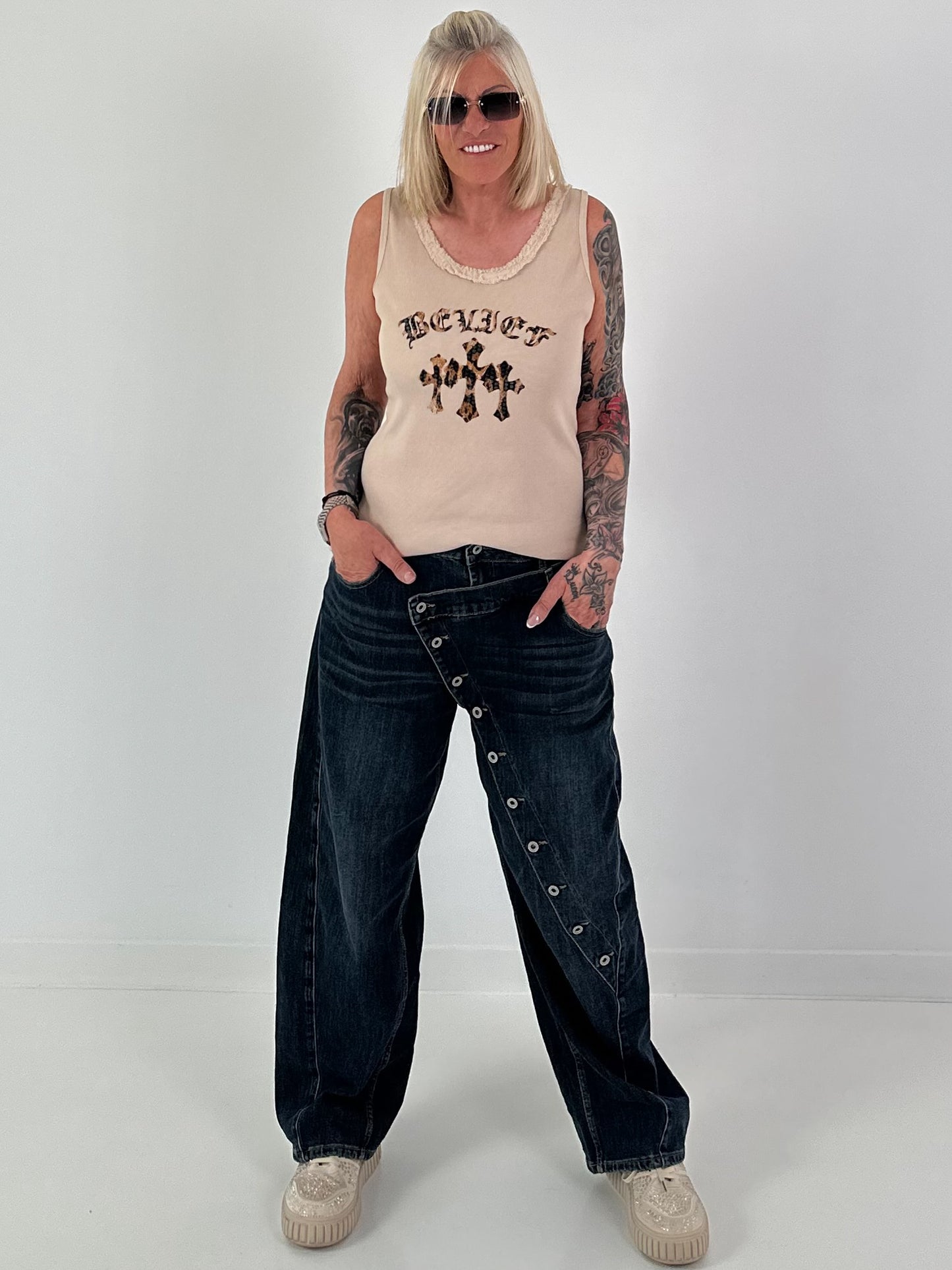 Ripp Tank Top mit Print  - beige