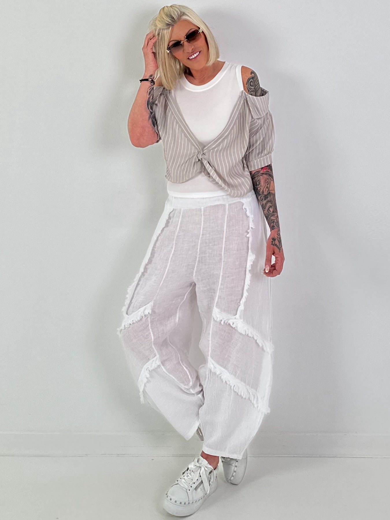 Rib Top with Blouse Layering - white-beige