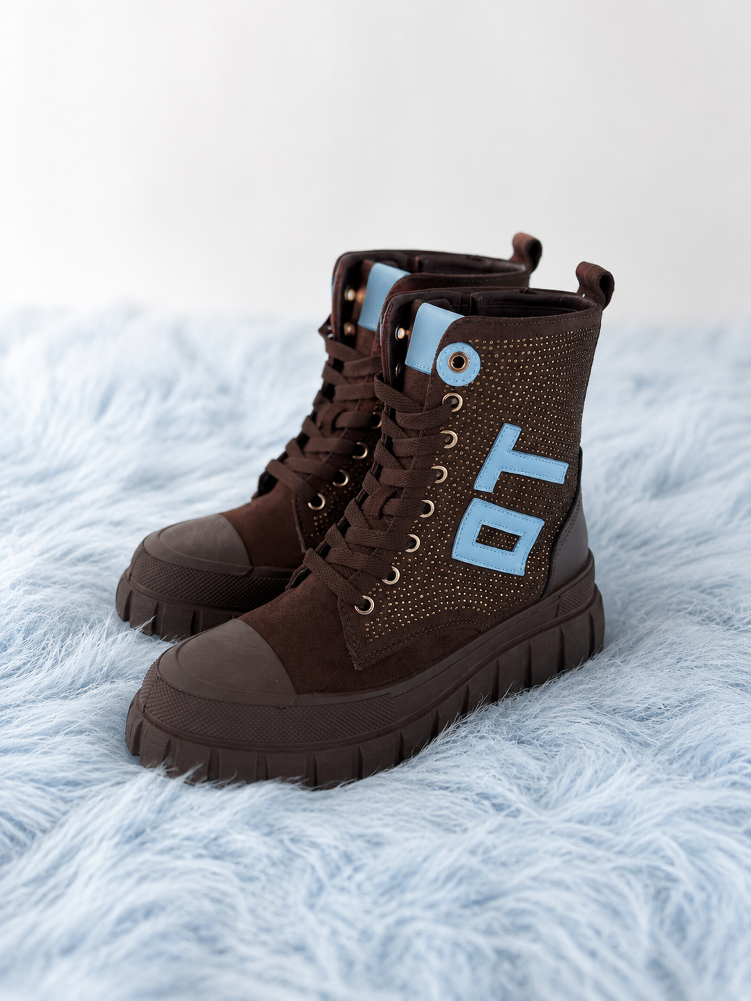 High-top sneakers in suede look with rhinestones - mocha