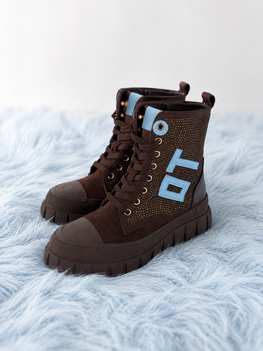 High-top sneakers in suede look with rhinestones - mocha
