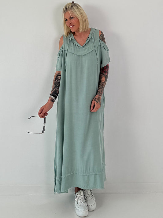 Kleid mit cold shoulder und Kapuze - salbei