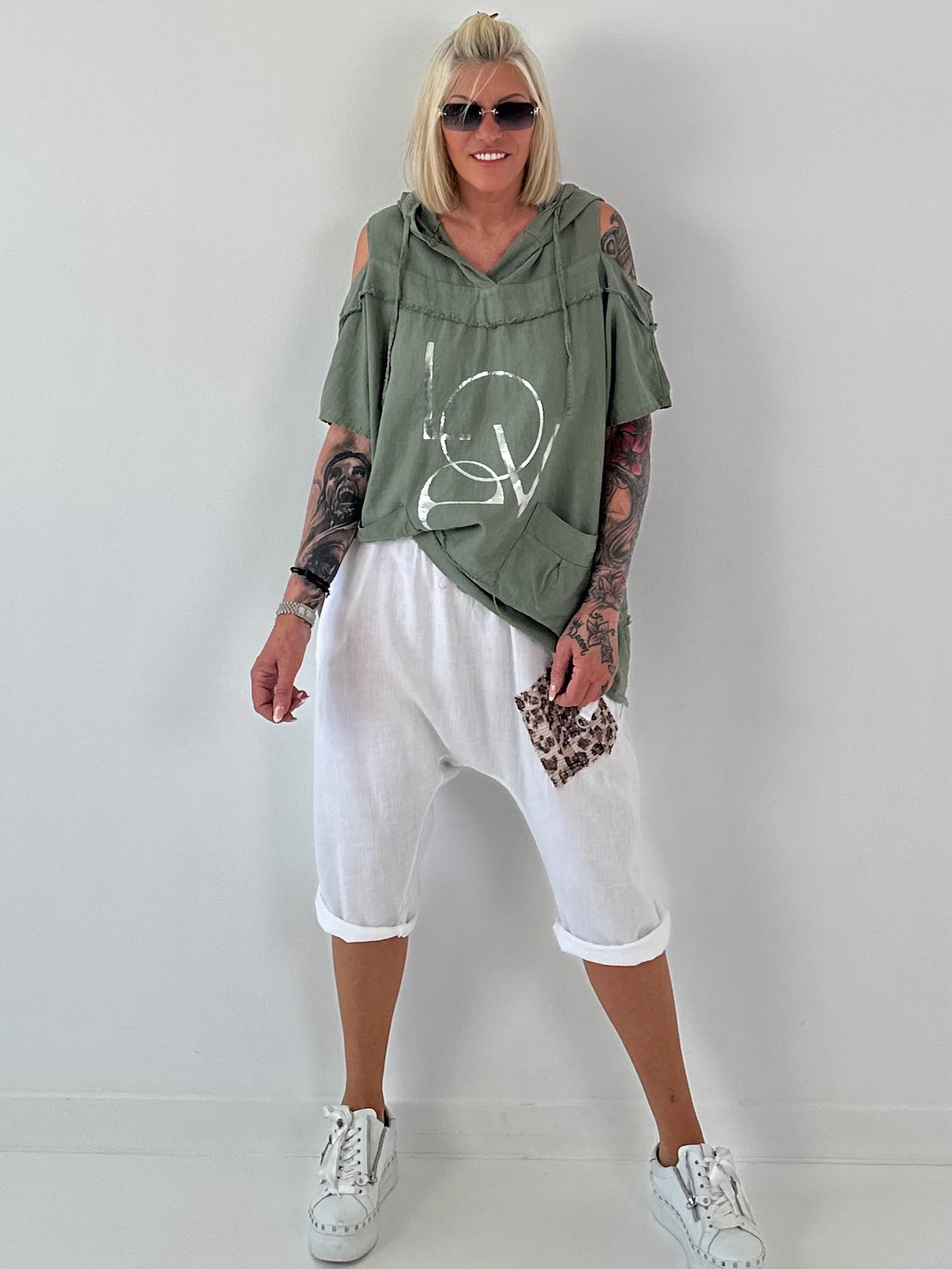 Linen Shirt with Off-Shoulder Cut-Outs Leo - beige