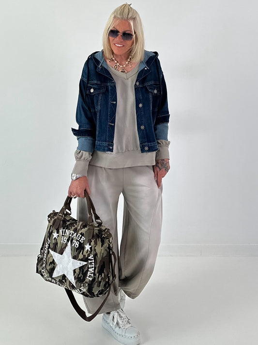 Used-look denim jacket with hood