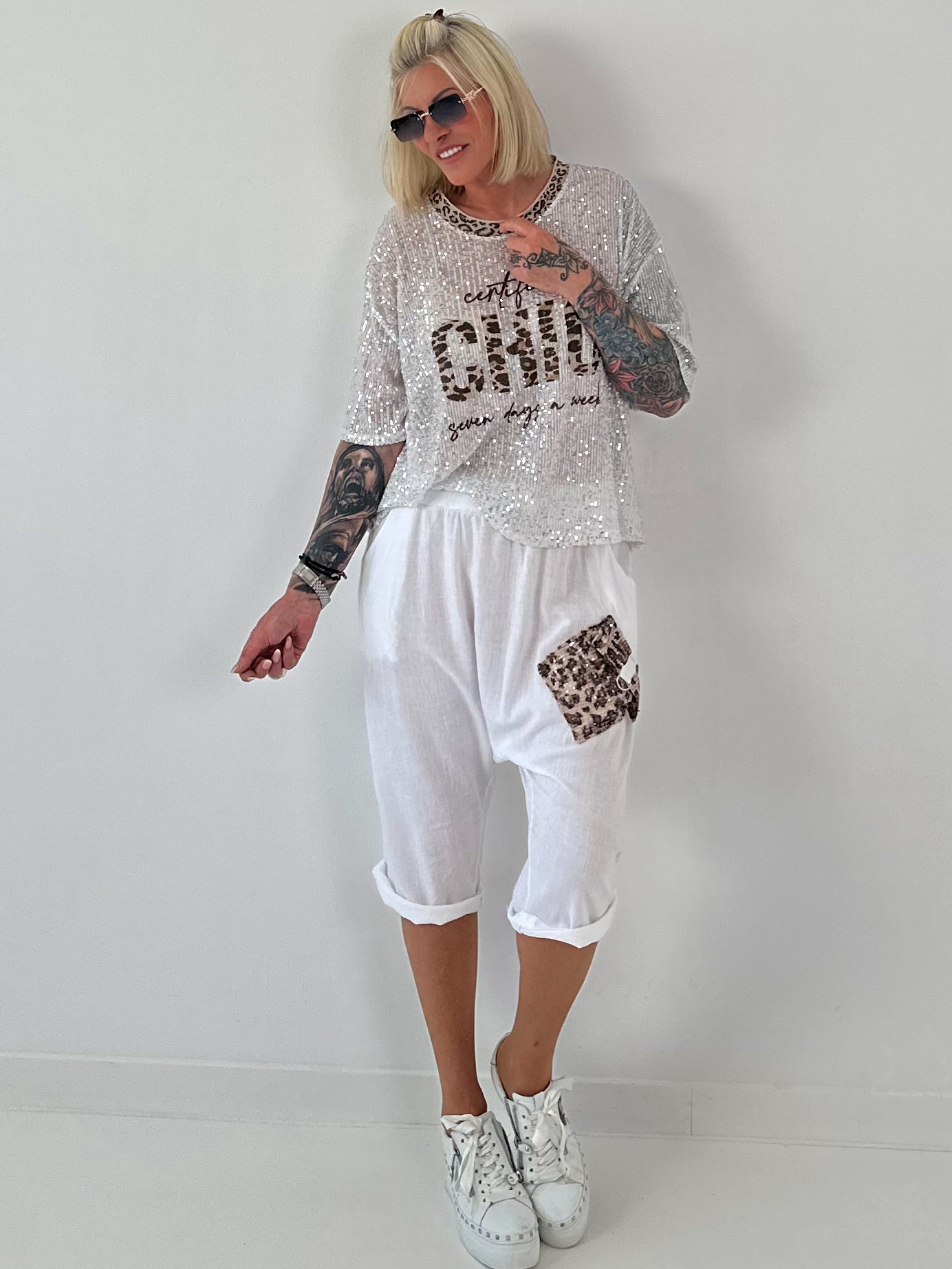 Short linen baggy dress with overlay and sequin details - khaki