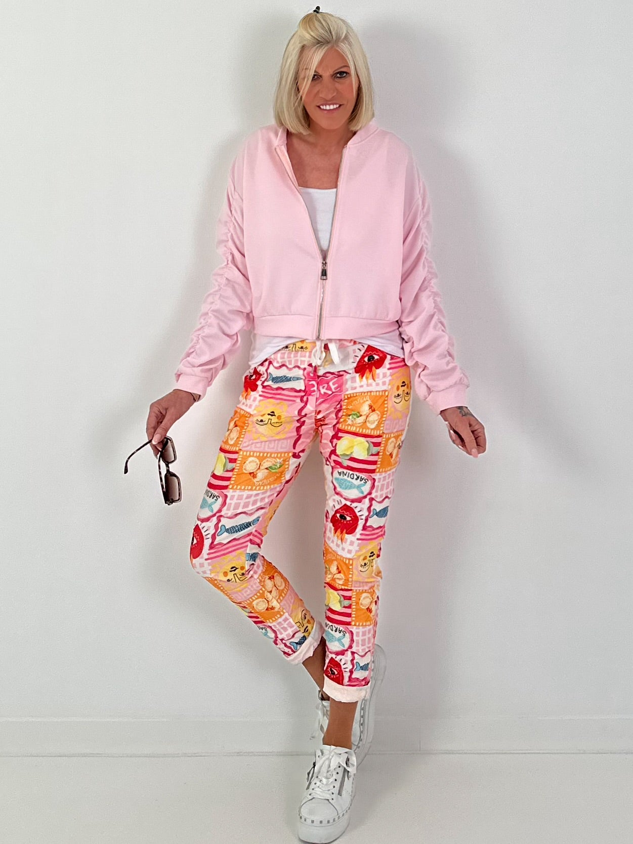 Bomber jacket with ruched sleeve - pink