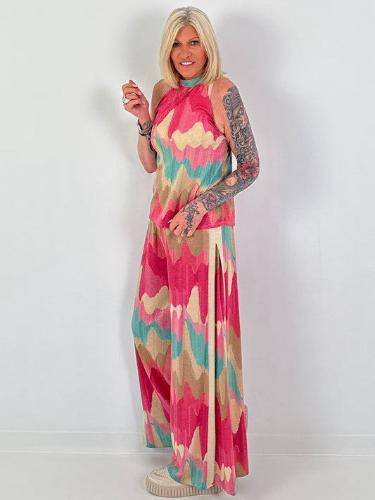 Zweiteiler mit Muster und Lurex - pink-türkis-beige