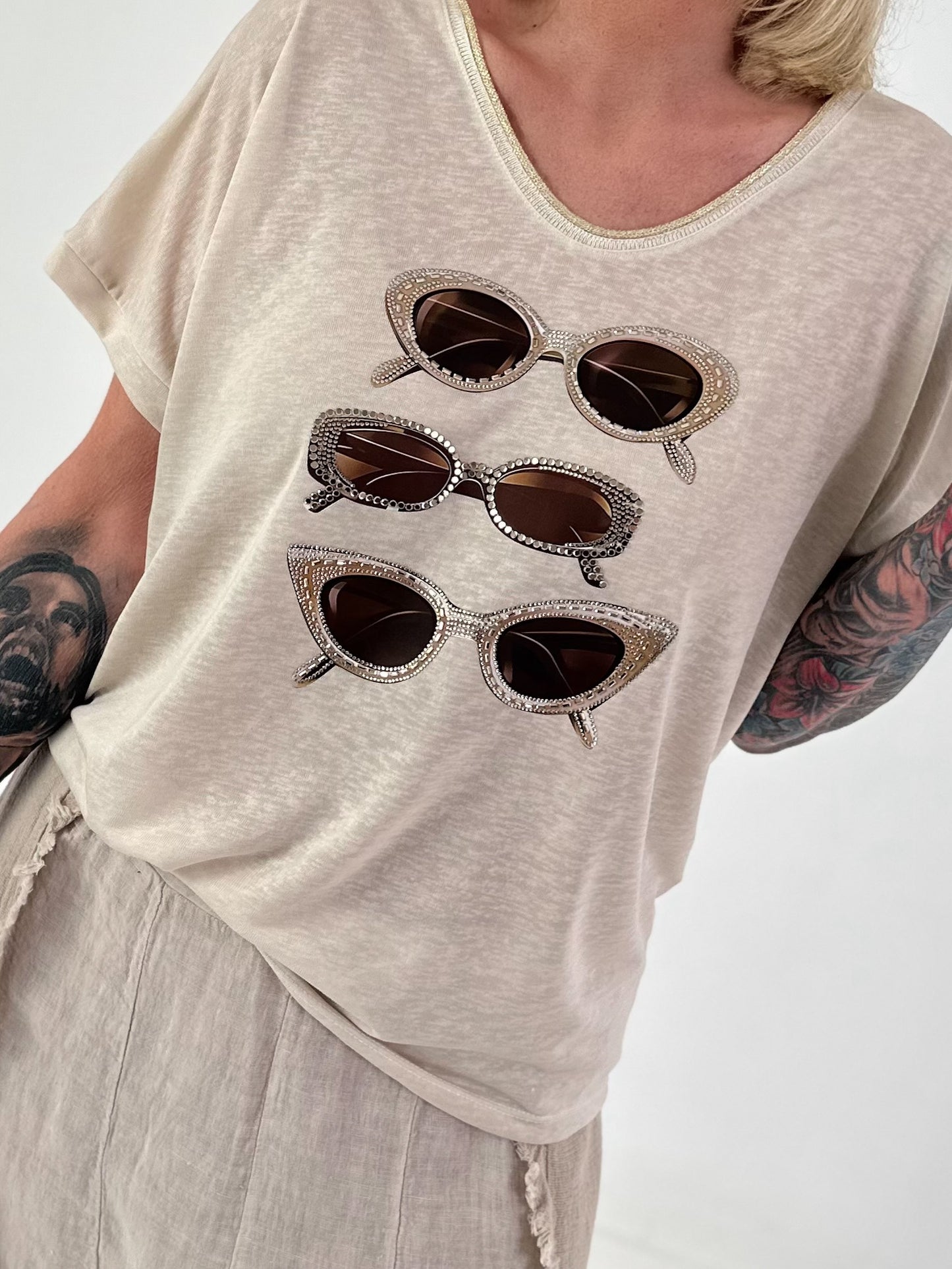 Fine knit shirt Sunglass with lurex - beige