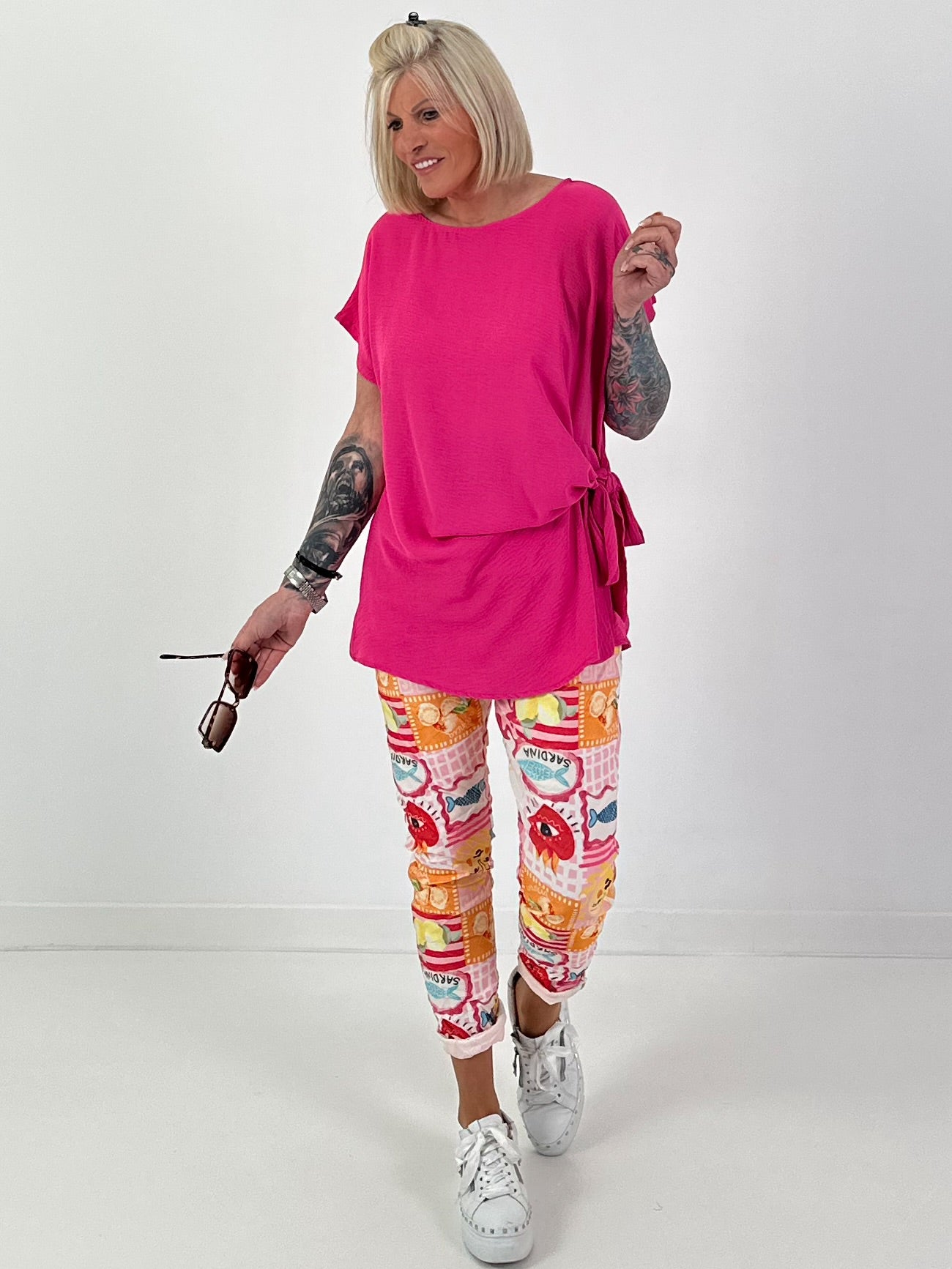 Blusenshirt mit seitlichem Bindeknoten - pink