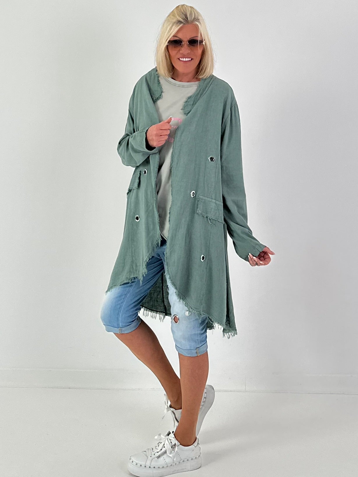 Linen Short Coat with Eyelets - Khaki