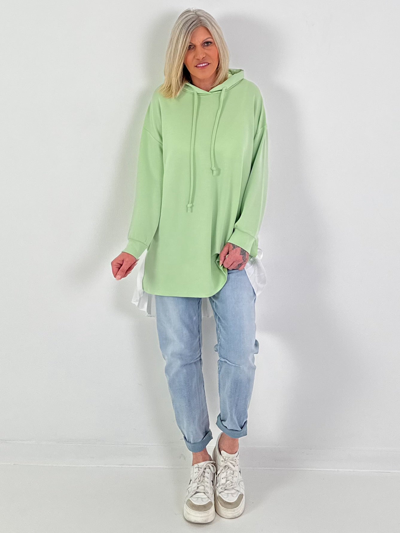 Long Hoodie mit Plissee-Einsatz - lindgrün