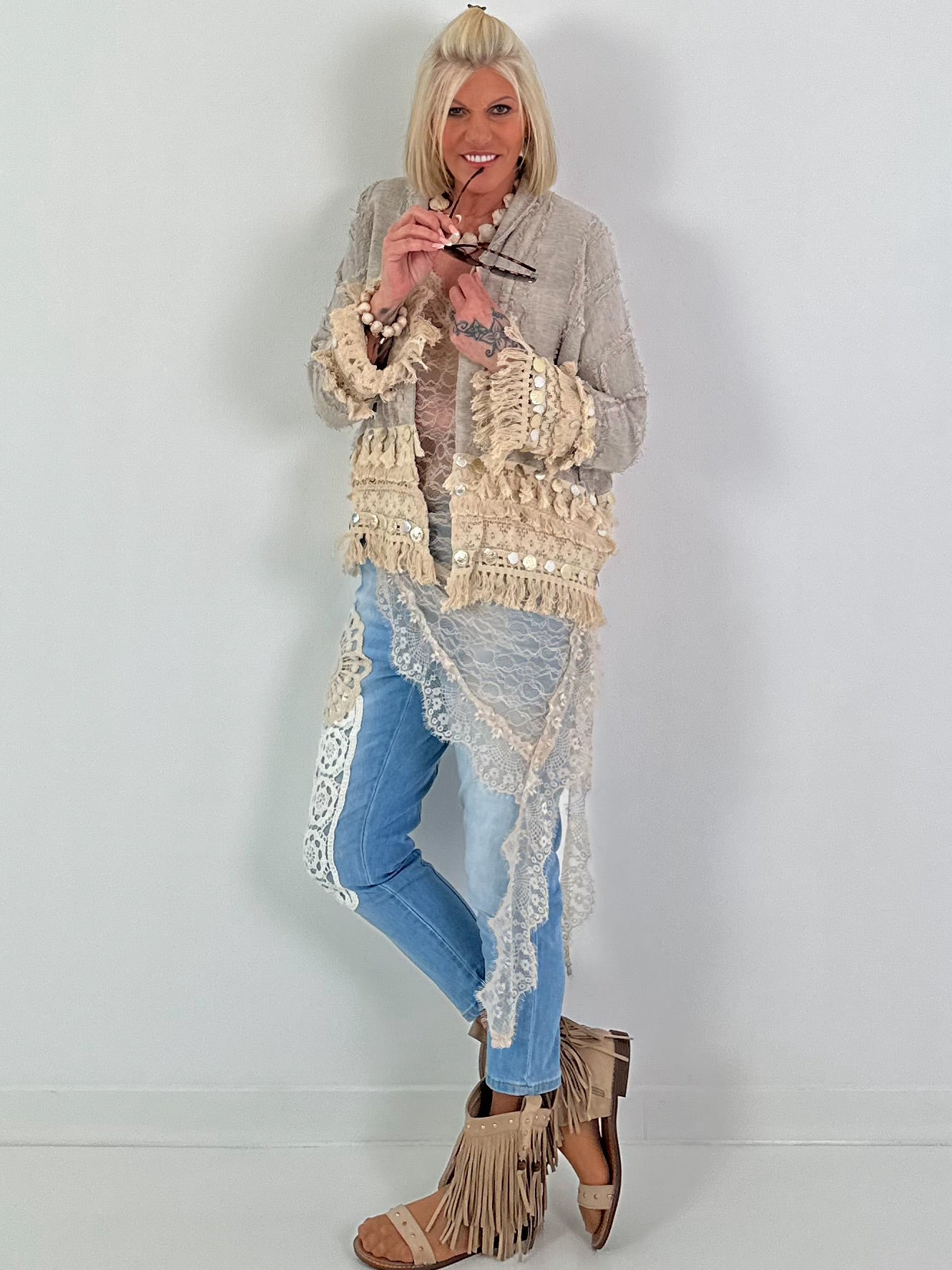 Boho-jasje met uitgebreide details - beige-blauw