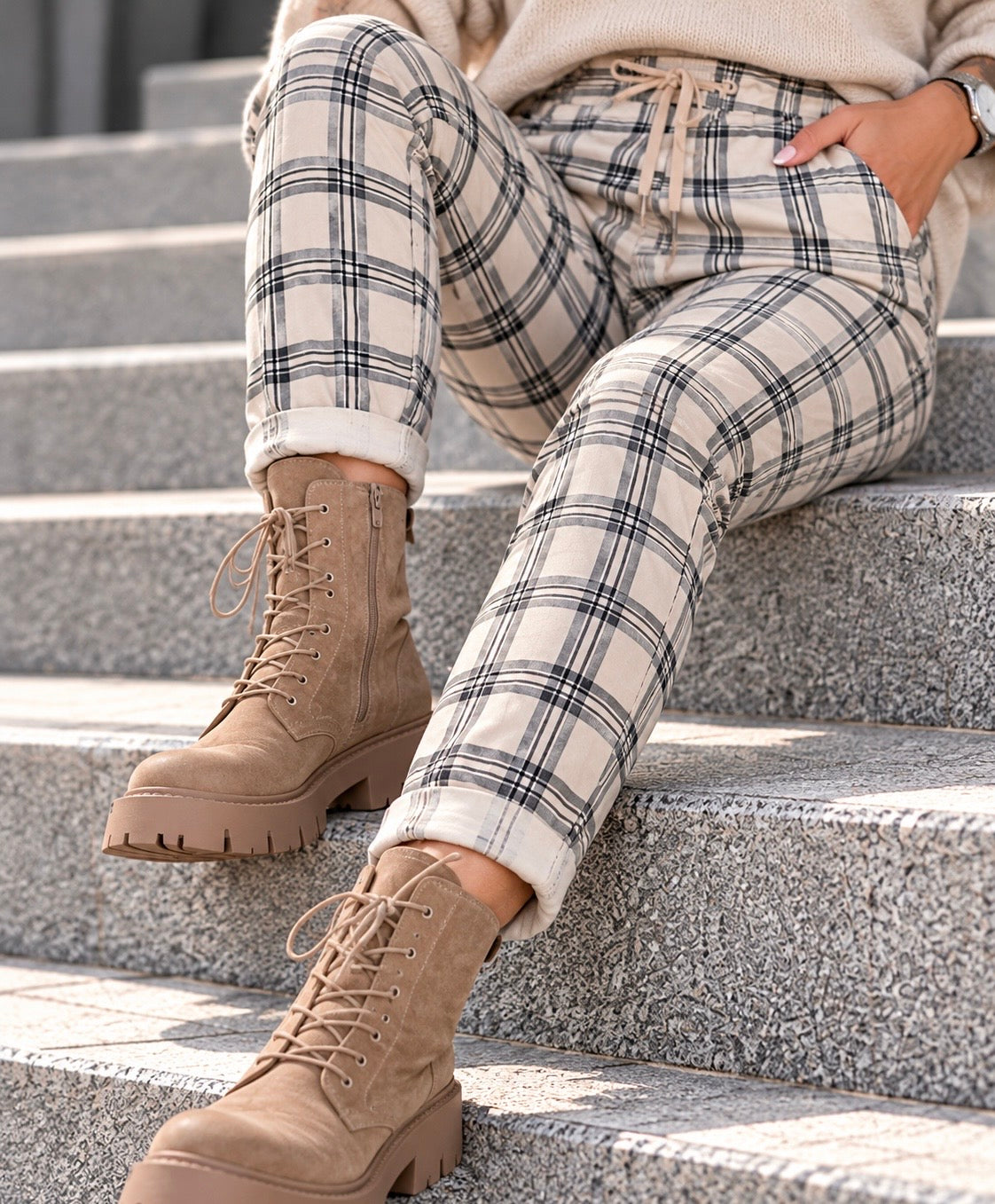 Hose im Karo-Look - beige-mehrfarbig