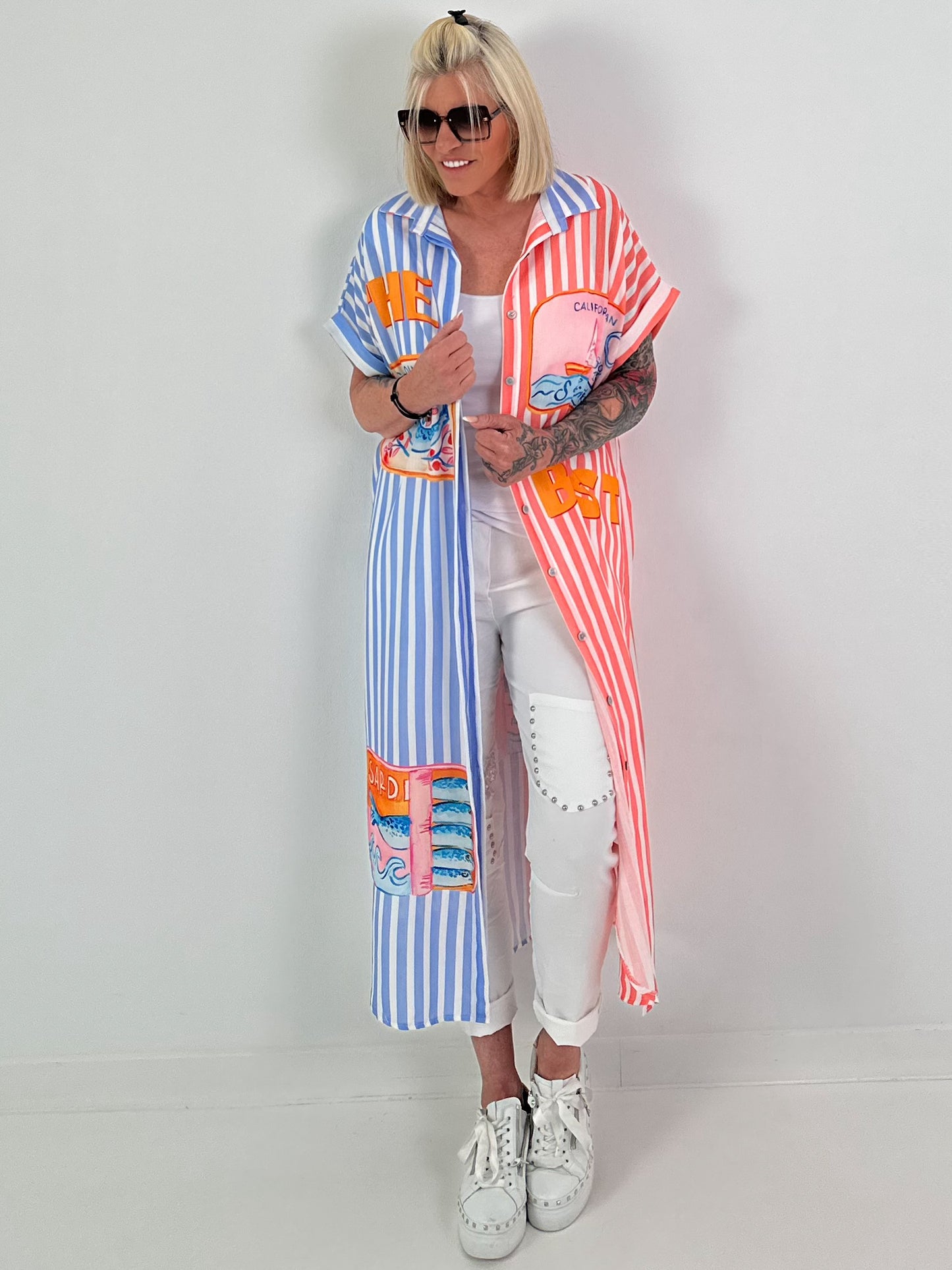 Blusenkleid mit Streifen und Printmix - weiss-korall-hellblau